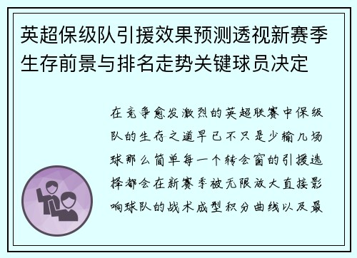 英超保级队引援效果预测透视新赛季生存前景与排名走势关键球员决定